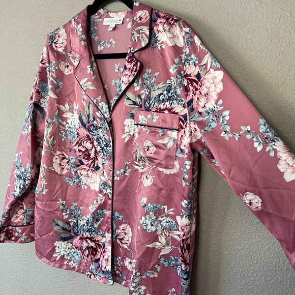 In Bloom by Jonquil Mauve Floral Sleepwear Satin Button Front PJ Shirt Large - Picture 2 of 6